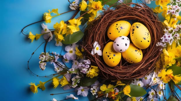 Feasts of the Lord's Resurrection: Easter eggs in a nest with spring flowers on a blue background