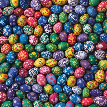 Feasts of the Lord's Resurrection: Colorful easter eggs background. Top view. 3d illustration