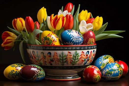 Feasts of the Lord's Resurrection: Easter eggs and tulips on a wooden table, black background