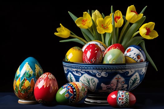 Feasts of the Lord's Resurrection: Easter eggs in a bowl with tulips on a black background