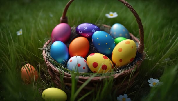 Feasts of the Lord's Resurrection: Easter eggs in basket on green grass background. Happy Easter!