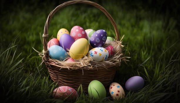 An assortment of vibrant, decorated Easter eggs nestled in a wicker basket amid fresh green grass, symbolizing spring and festivity.