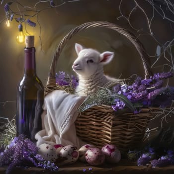 Feasts of the Lord's Resurrection: Cute little lamb in a basket with flowers and a bottle of wine