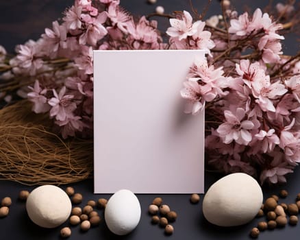 Feast of the Lord's Resurrection: Blank card with sakura flowers and easter eggs on dark background