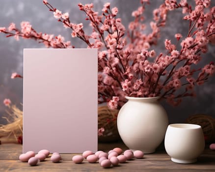 Feasts of the Lord's Resurrection: Blank greeting card, easter eggs and spring flowers on wooden table