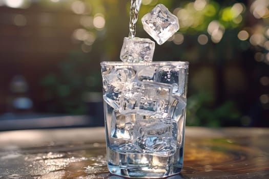 Glass of water with ice, Pour ice cubes On a hot summer day.