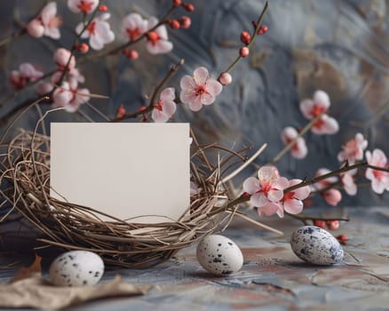 Feasts of the Lord's Resurrection: Easter greeting card with nest, quail eggs and cherry blossom branches on blue background