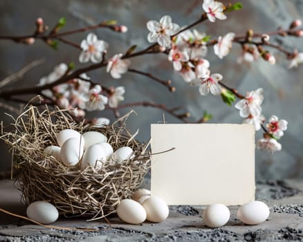 Feasts of the Lord's Resurrection: Easter greeting card with white eggs in a nest on a gray background