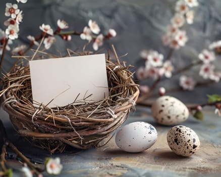 Feasts of the Lord's Resurrection: Easter greeting card with quail eggs in a nest on a gray background