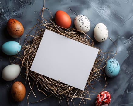 Feasts of the Lord's Resurrection: Easter greeting card mockup with easter eggs in nest and candy canes