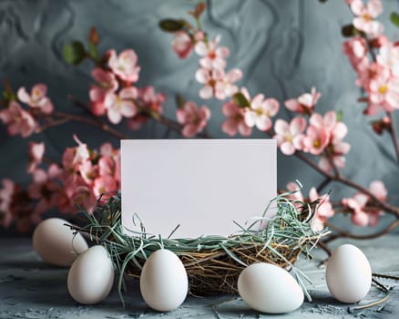 Feasts of the Lord's Resurrection: Easter greeting card with eggs and spring flowers. Selective focus