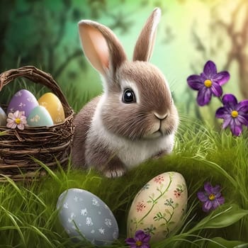 Feasts of the Lord's Resurrection: Easter bunny in the grass with colorful eggs and flowers, illustration