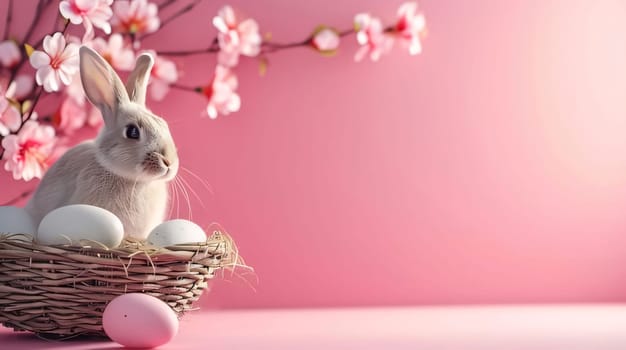 Feasts of the Lord's Resurrection: Cute easter bunny and easter eggs in basket on pink background