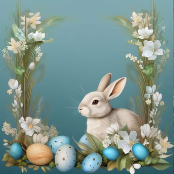 Feasts of the Lord's Resurrection: Easter greeting card with rabbit, eggs and flowers on blue background