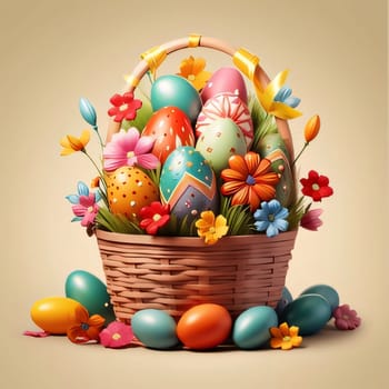 Feasts of the Lord's Resurrection: Easter basket with colorful eggs, flowers and leaves. Vector illustration.