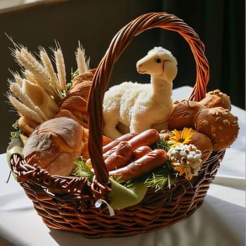 Feast of the Lord's Resurrection: Wicker basket with bread, sausage, cheese and sheep on the table