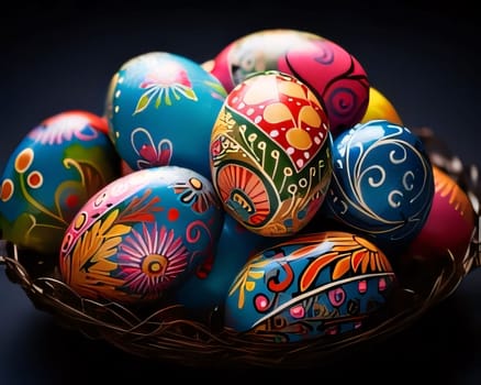 Feasts of the Lord's Resurrection: Colorful painted easter eggs in a basket on a dark background