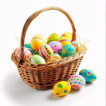 Feasts of the Lord's Resurrection: Easter basket with painted eggs isolated on white background, clipping path included