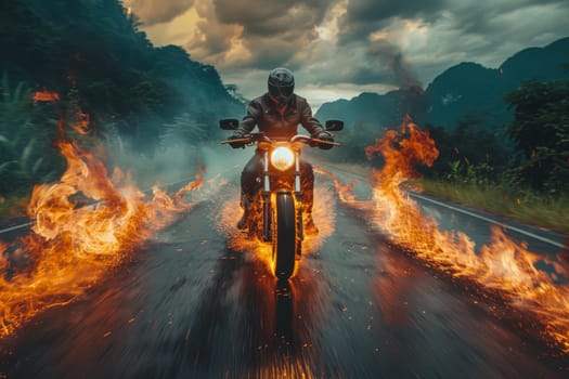 A motorcycle rider on a fiery bike racing down a rural road in scorching heat, Biker in summer.