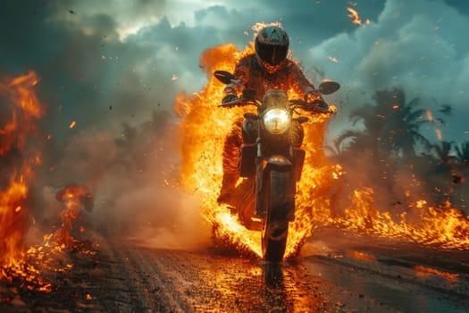 A motorcycle rider on a fiery bike racing down a rural road in scorching heat, Biker in hot summer.