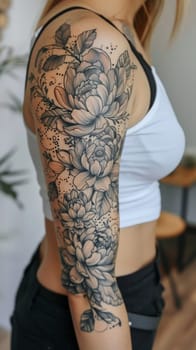 A woman with a tattoo on her arm and shoulder