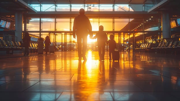 Silhouette of a family at the airport with a plane in the background at sunset.
