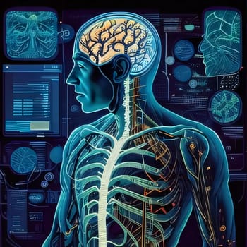 Hospital and doctors help: Digital illustration of human head in colour background with brain and other organs
