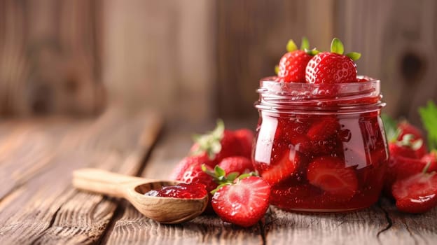Homemade strawberry jam in glass jar with fresh strawberries on wooden table. Gourmet food and preservation concept. Delicious fruit spread for design and culinary arts. Ai generation. High quality
