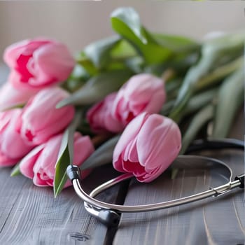 Hospital and doctors help: Stethoscope and bouquet of pink tulips on wooden background