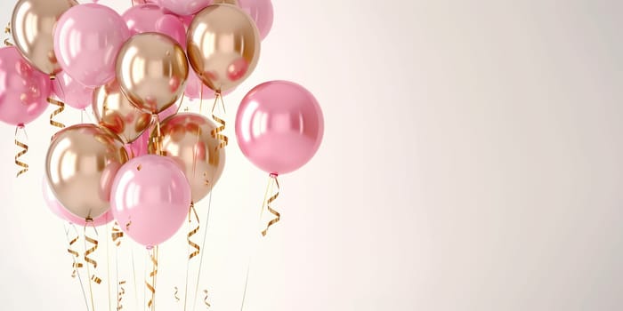 Glossy pink and gold balloons with curly ribbons floating, festive background for birthday party, baby shower, or wedding celebration with copy space. Ai generation. High quality photo