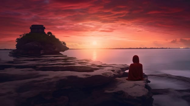 Banner: Silhouette of young woman sitting on the rock and watching the sunset