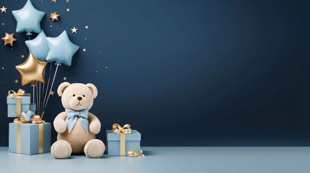 Banner: Teddy bear with gift boxes and stars on blue wall background. 3D Rendering