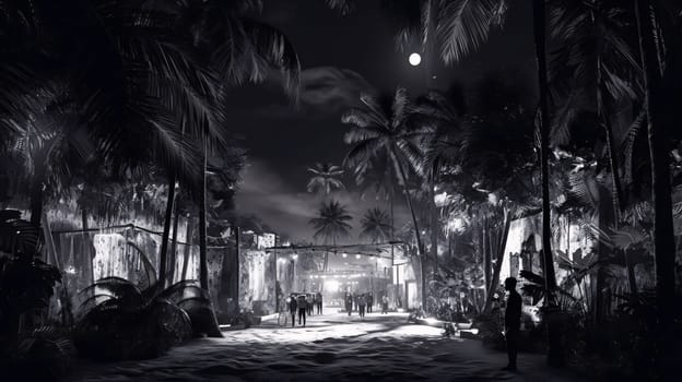 Banner: Night scene with palm trees and swing. 3D Rendering.