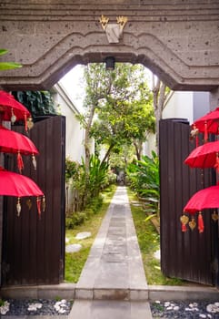 Beautiful green tropical garden outdoor veranda with ecological plants surrounded nature in Asia, Bali Indonesia