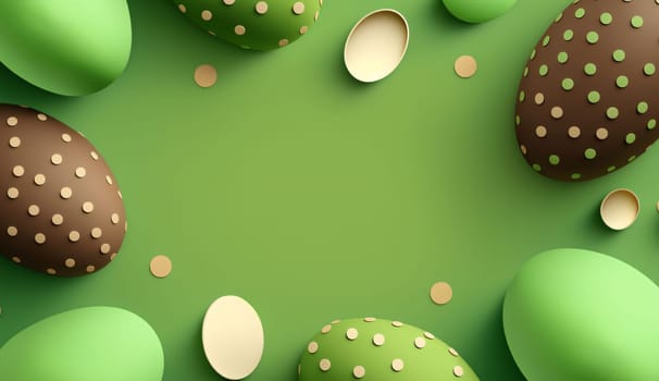 Banner: Easter background with eggs. 3d illustration. Green and brown.