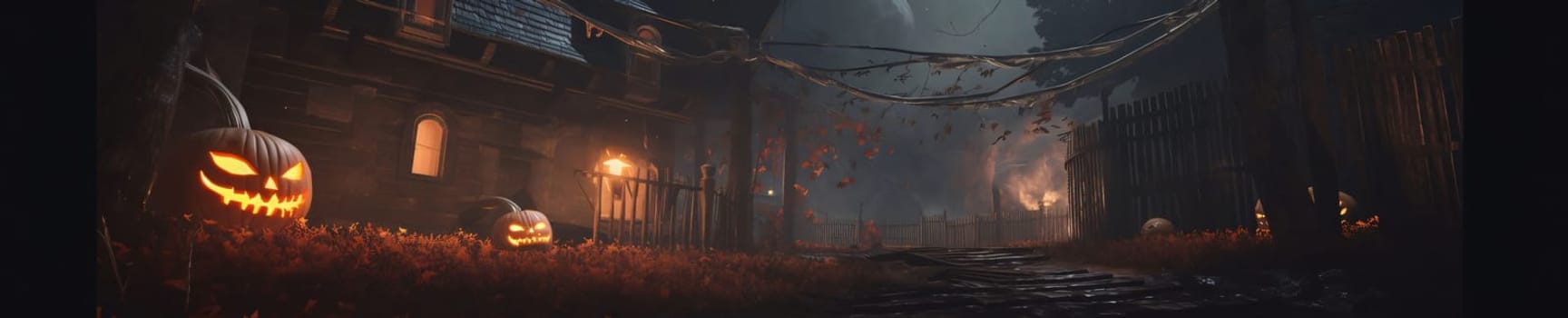 Banner: Halloween background with pumpkins in the dark. 3d rendering