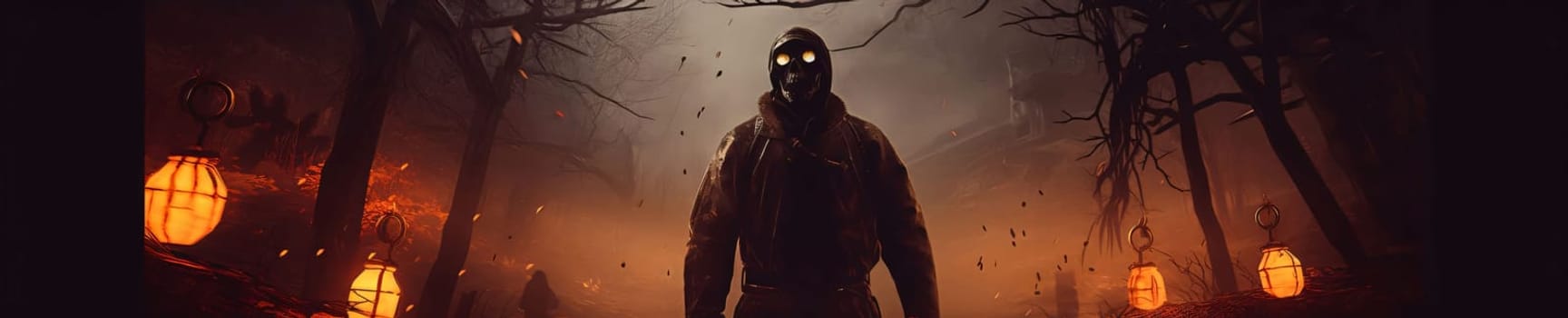 Banner: Man in gas mask and gas mask standing in the dark forest. Halloween concept