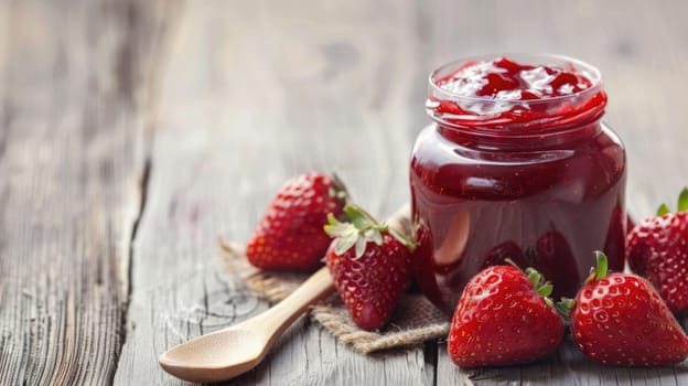 Homemade strawberry jam in glass jar with fresh strawberries on wooden table. Gourmet food and preservation concept. Delicious fruit spread for design and culinary arts. Ai generation. High quality