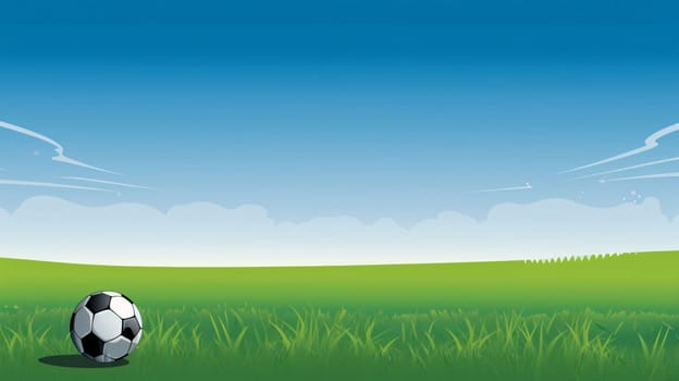 Banner: Soccer ball on green grass and blue sky background. Vector illustration.