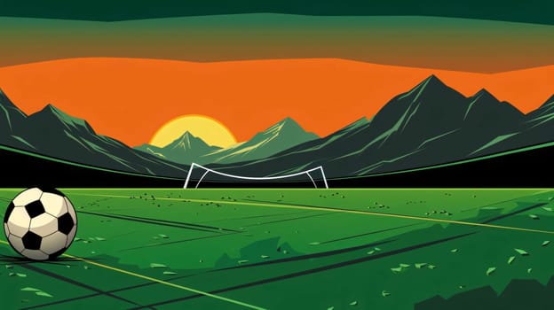 Banner: Illustration of a soccer field with a soccer ball and a sunset