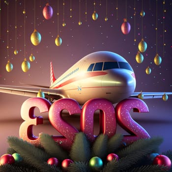 Banner: 3D illustration of New Year's Eve with airplane and Christmas decorations