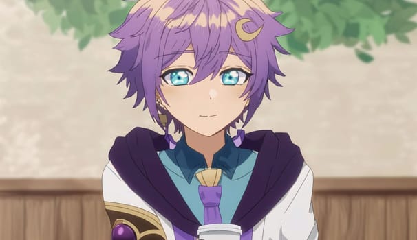 Banner: anime manga girl with purple hair and blue eyes in a cafe
