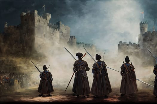 Banner: Medieval knights fighting in front of the castle. 3d rendering