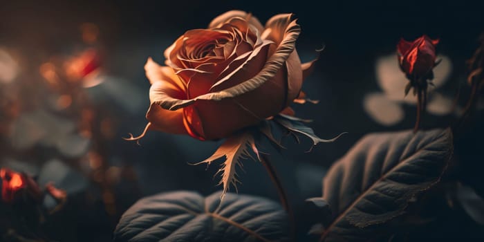 Banner: Beautiful orange rose on dark background with copy space for text.