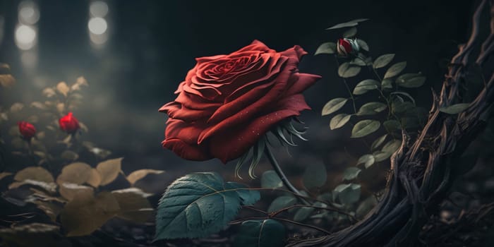 Banner: Beautiful red rose on a dark foggy background. Toned.