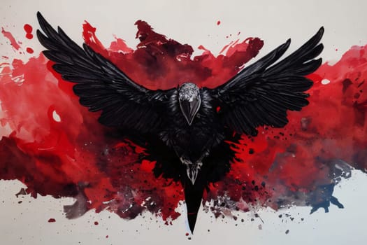 Banner: Black raven with red splashes on a white background. The concept of art and creativity.