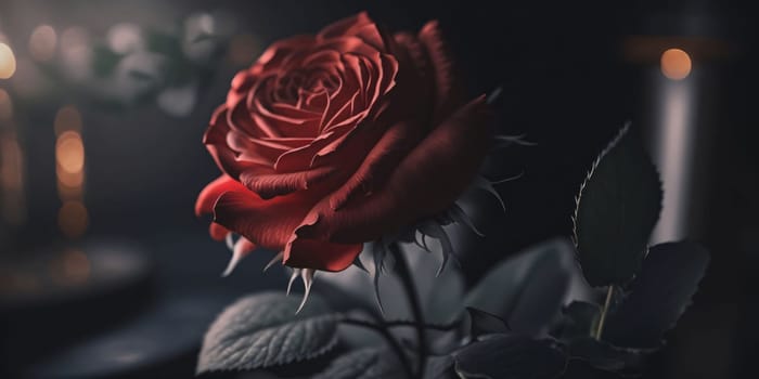 Banner: Beautiful red rose in a vase on a dark background.