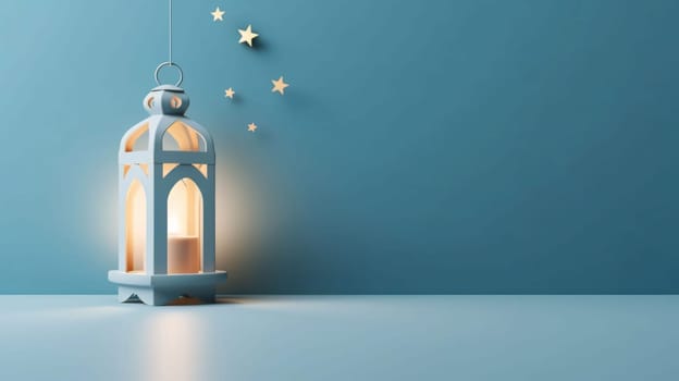 Banner: 3d rendering of Ramadan Kareem lantern on blue wall background.