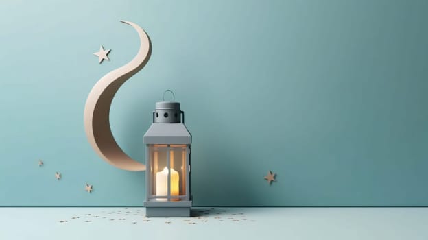 Banner: Ramadan Kareem background with lantern and crescent moon. 3D rendering