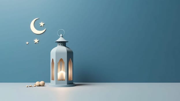 Banner: Ramadan Kareem background with lantern and crescent moon. 3d rendering